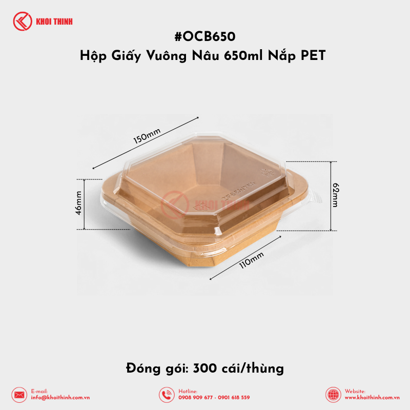  OCB650 Hộp Giấy Vuông Nâu 650ml Nắp PET | Khôi Thịnh 