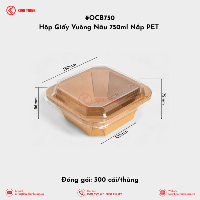  OCB750 Hộp Giấy Vuông Nâu 750ml Nắp PET | Khôi Thịnh 