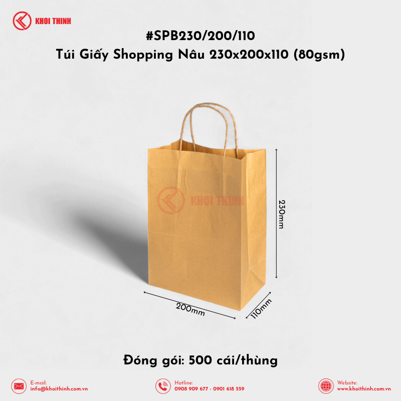  SPB230/200/110 Túi Giấy Shopping Nâu 230x200x110 (80gsm) | Khôi Thịnh 
