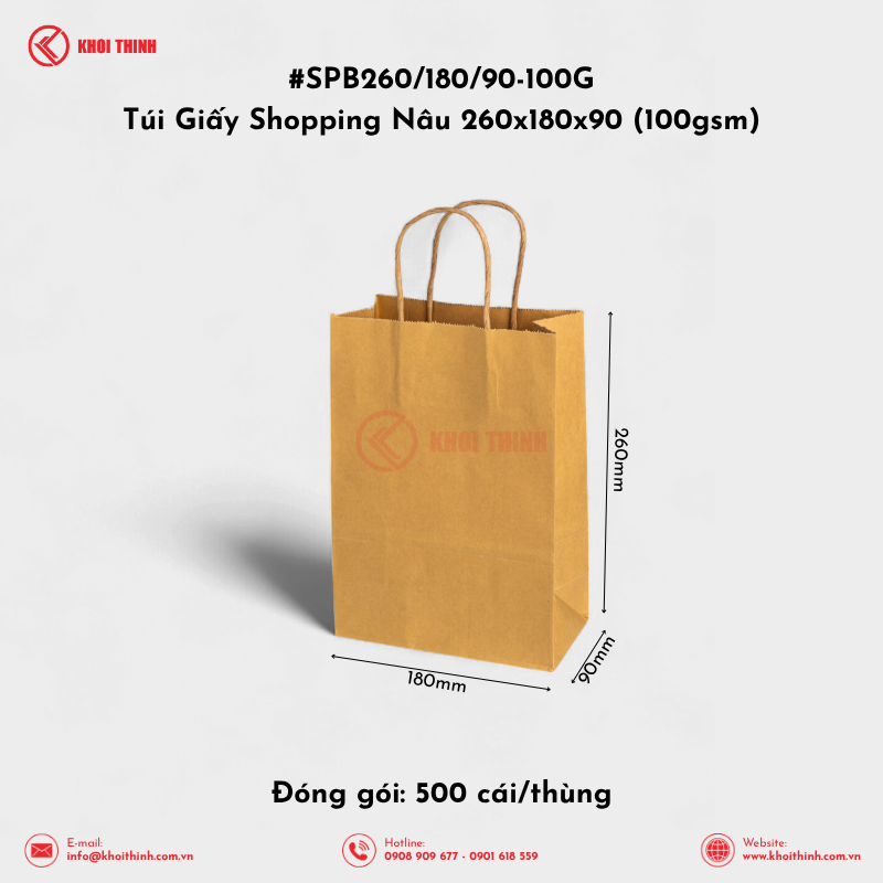  SPB260/180/90-100G Túi Giấy Shopping Nâu 260x180x90 (100gsm) | Khôi Thịnh 