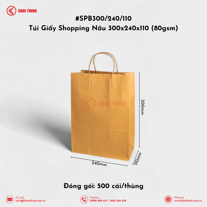  SPB300/240/110 Túi Giấy Shopping Nâu 300x240x110 (80gsm) | Khôi Thịnh 