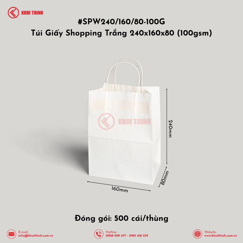 SPW240/160/80-100G Túi Giấy Shopping Trắng 240x160x80 (100gsm) | Khôi Thịnh 