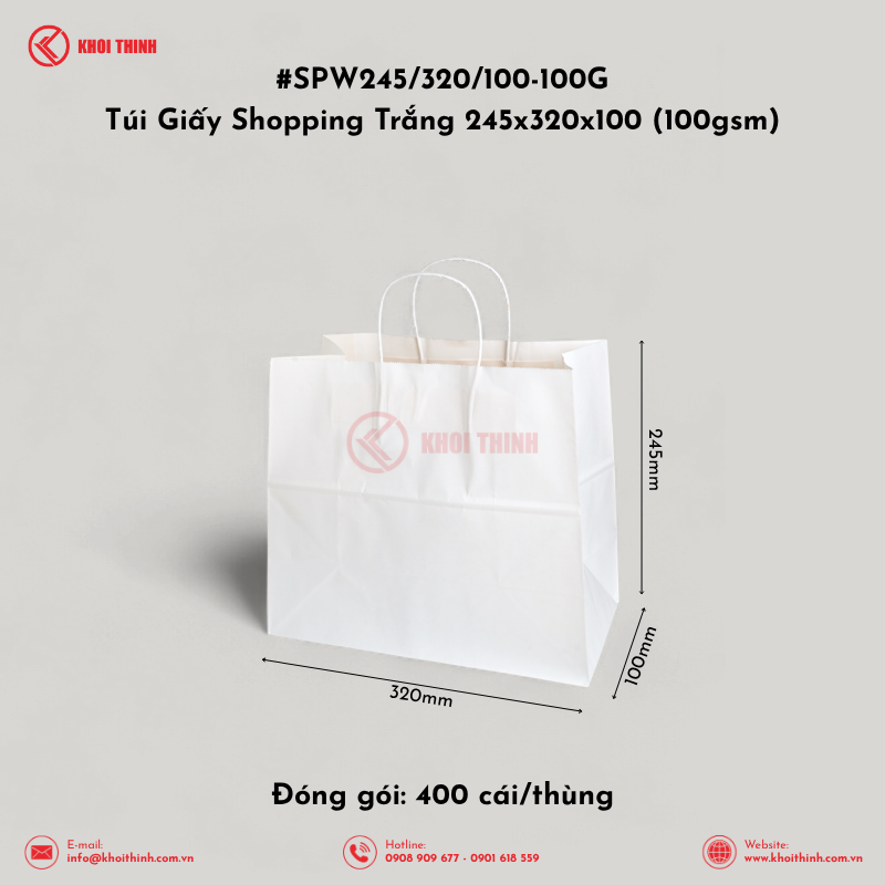  SPW245/320/100-100G Túi Giấy Shopping Trắng 245x320x100 (100gsm) | Khôi Thịnh 