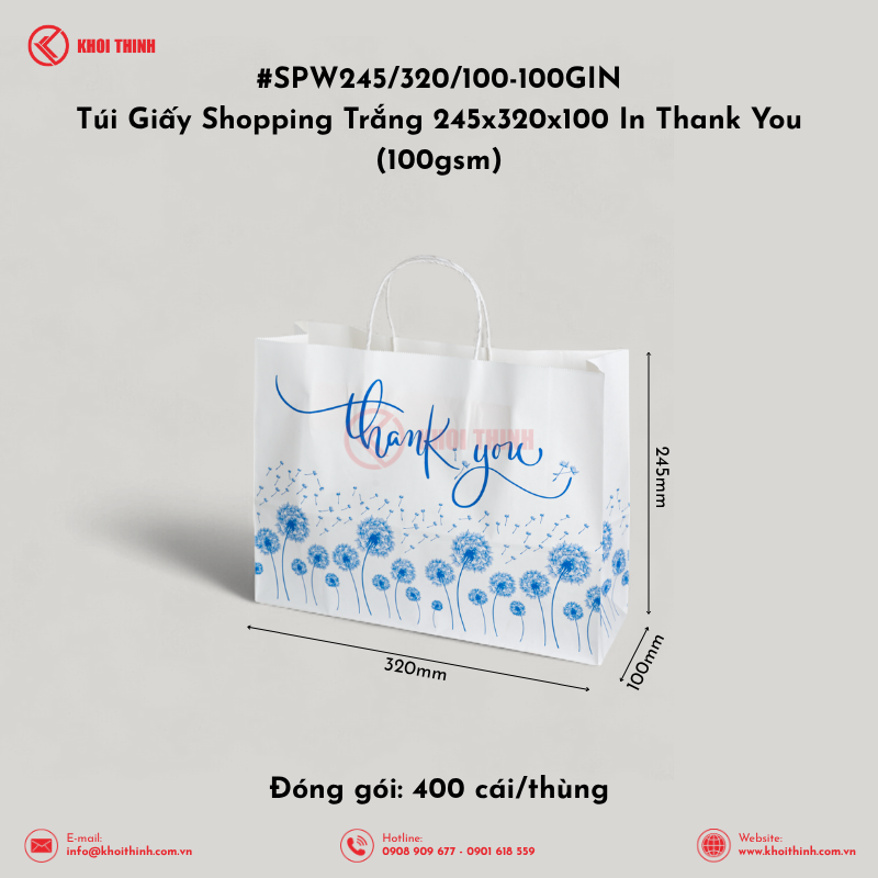 SPW245/320/100-100GIN Túi Giấy Shopping Trắng 245x320x100 In Thank You (100gsm) | Khôi Thịnh 