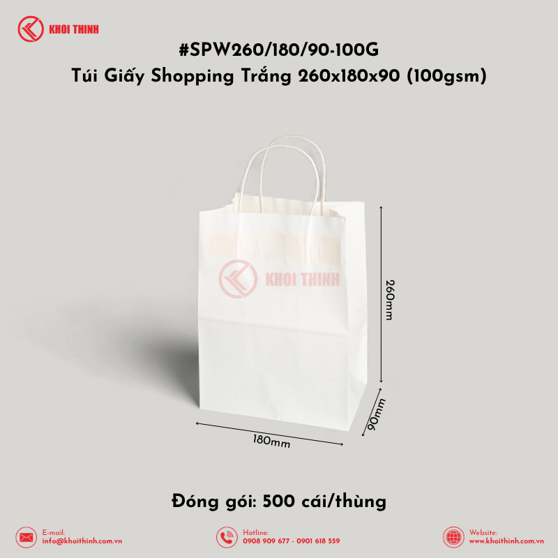  SPW260/180/90-100G Túi Giấy Shopping Trắng 260x180x90 (100gsm) | Khôi Thịnh 