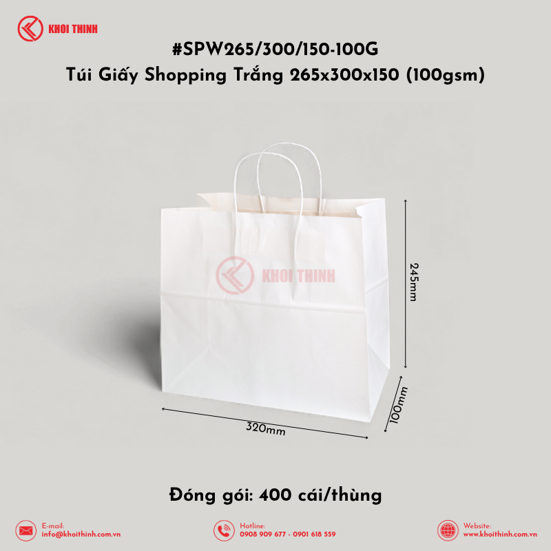  SPW265/300/150-100G Túi Giấy Shopping Trắng 265x300x150 (100gsm) | Khôi Thịnh 