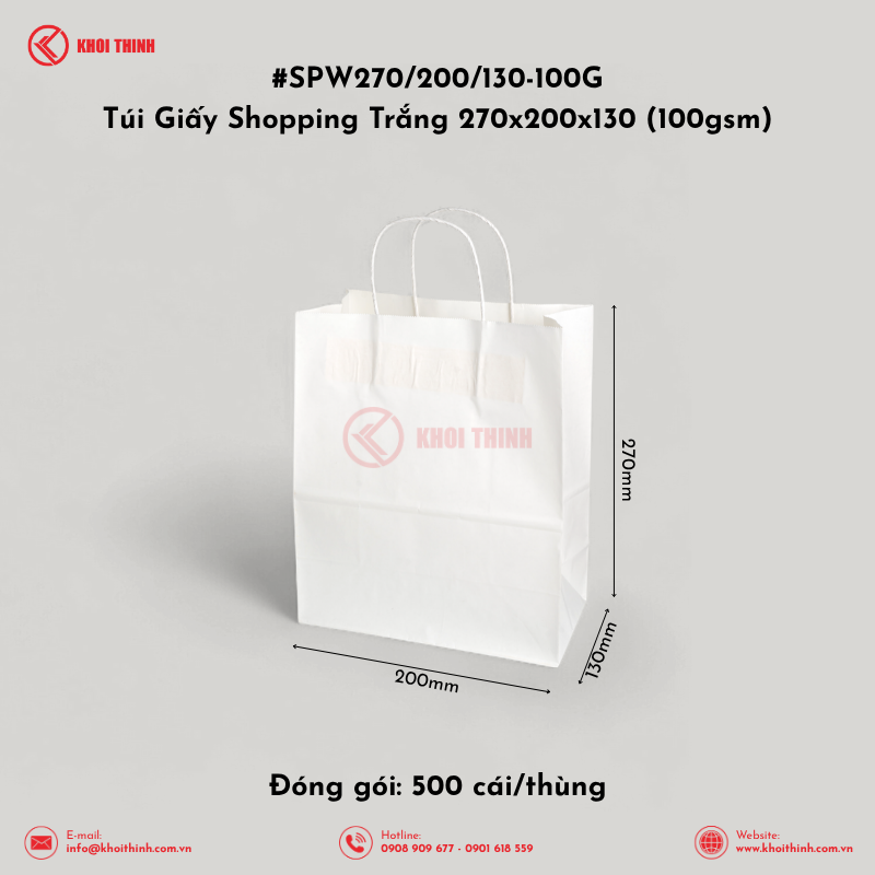  SPW270/200/130-100G Túi Giấy Shopping Trắng 270x200x130 (100gsm) | Khôi Thịnh 
