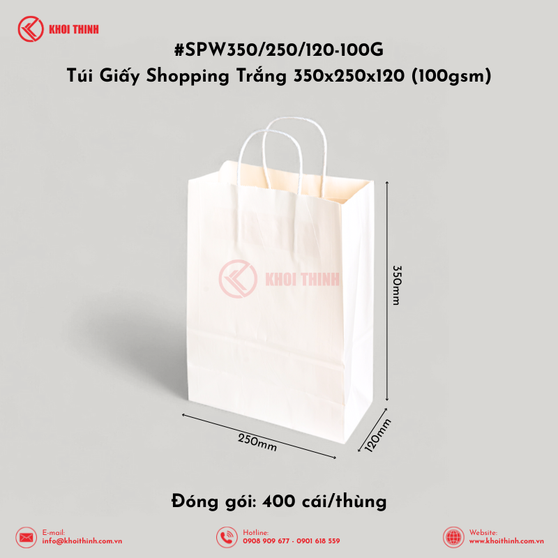  SPW350/250/120-100G Túi Giấy Shopping Trắng 350x250x120 (100gsm) | Khôi Thịnh 