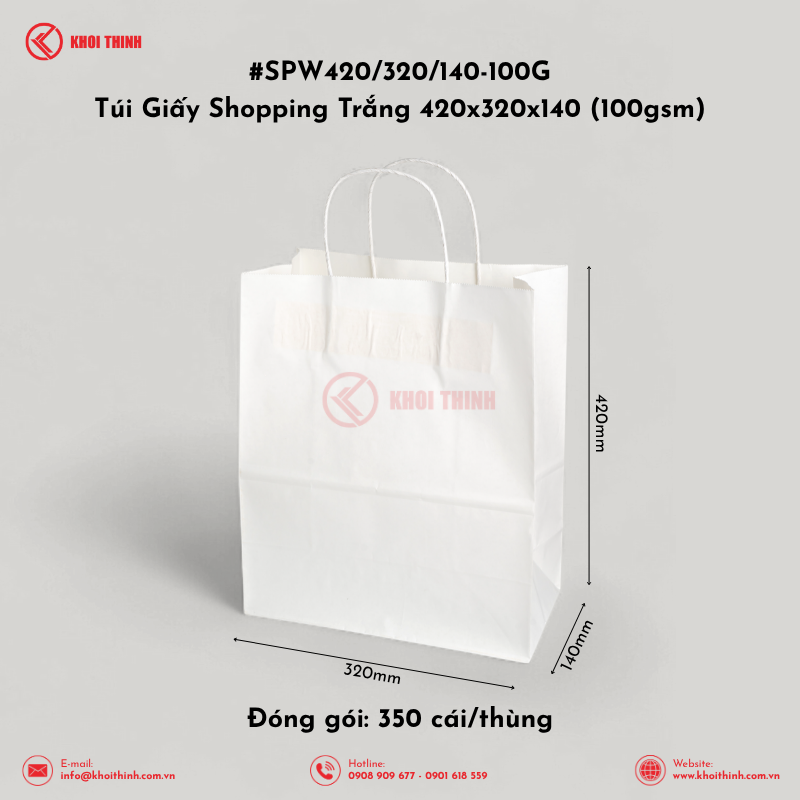  SPW420/320/140-100G Túi Giấy Shopping Trắng 420x320x140 (100gsm) | Khôi Thịnh 
