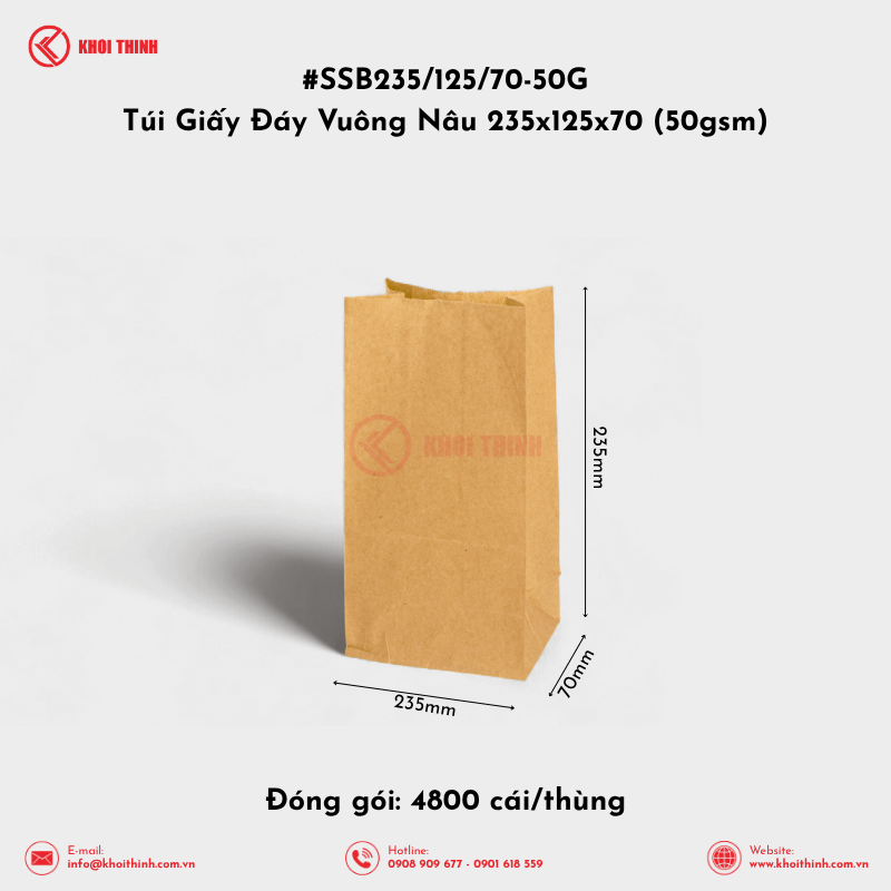  SSB235/125/70-50G Túi Giấy Đáy Vuông Nâu 235x125x70 (50gsm) | Khôi Thịnh 