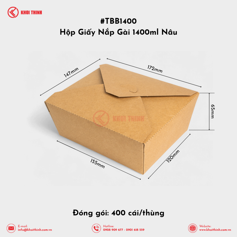  TBB1400 Hộp Giấy Nắp Gài 1400ml Nâu | Khôi Thịnh 