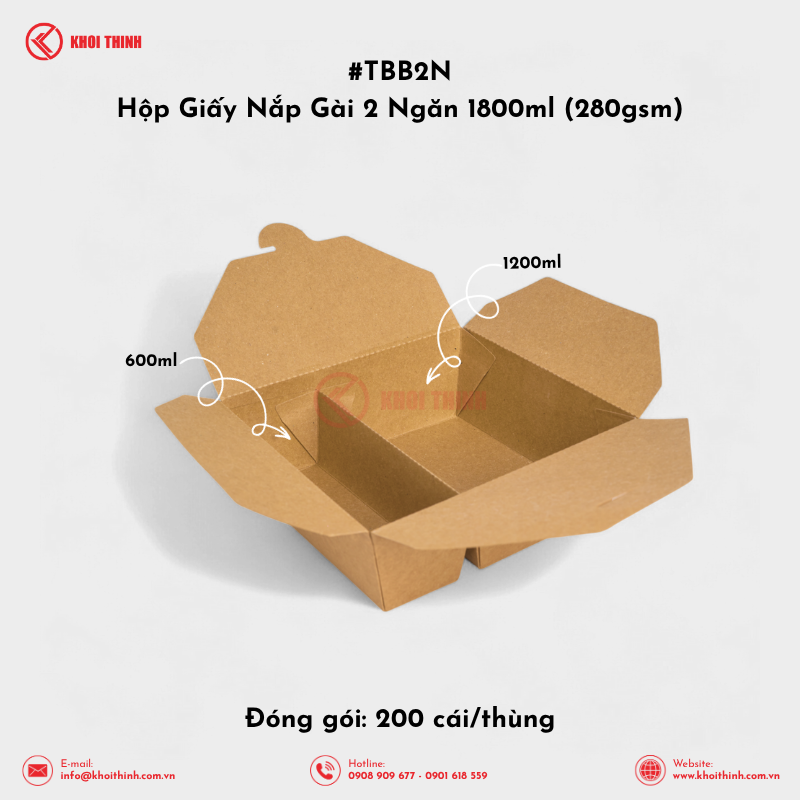  TBB2N Hộp Giấy Nắp Gài 2 Ngăn 1800ml (280gsm) | Khôi Thịnh 