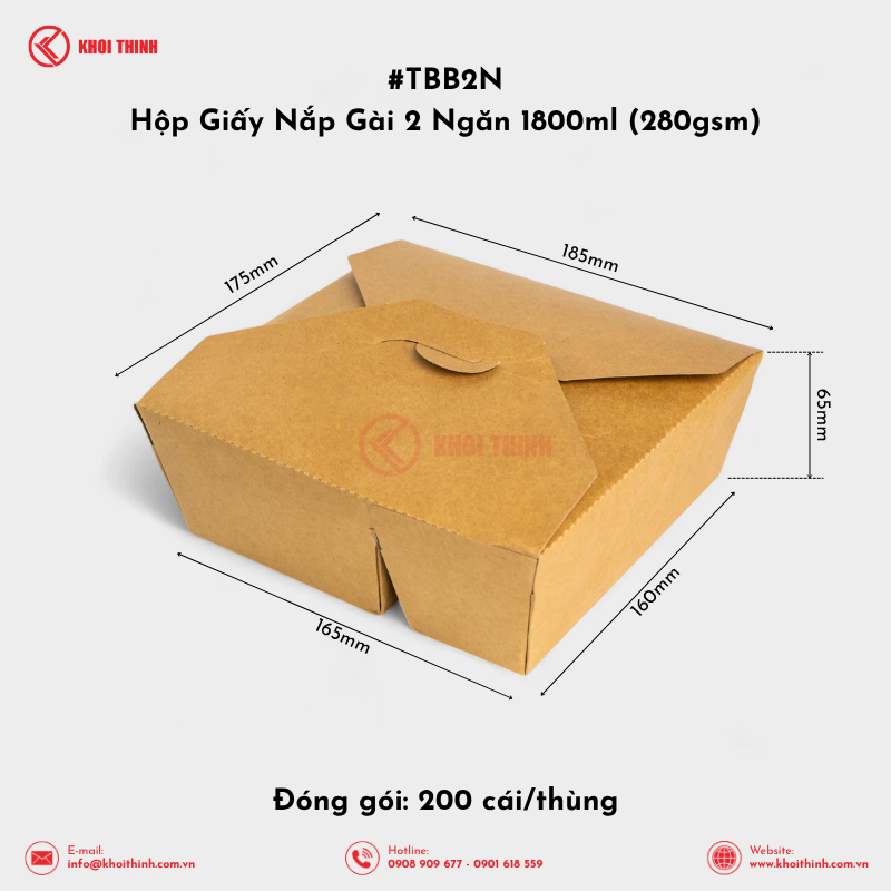  TBB2N Hộp Giấy Nắp Gài 2 Ngăn 1800ml (280gsm) | Khôi Thịnh 