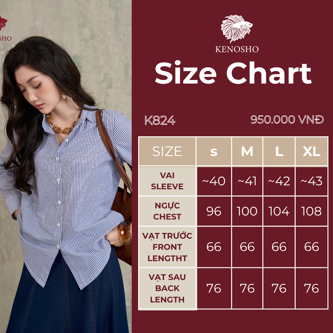  K824 Áo sơ mi cotton kẻ xanh, cổ trắng, dài tay. Kenosho 