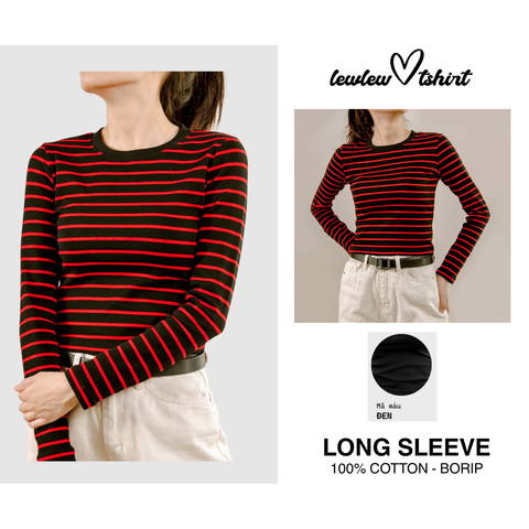  Long Sleeve Crop Top Đen Kẻ Đỏ 