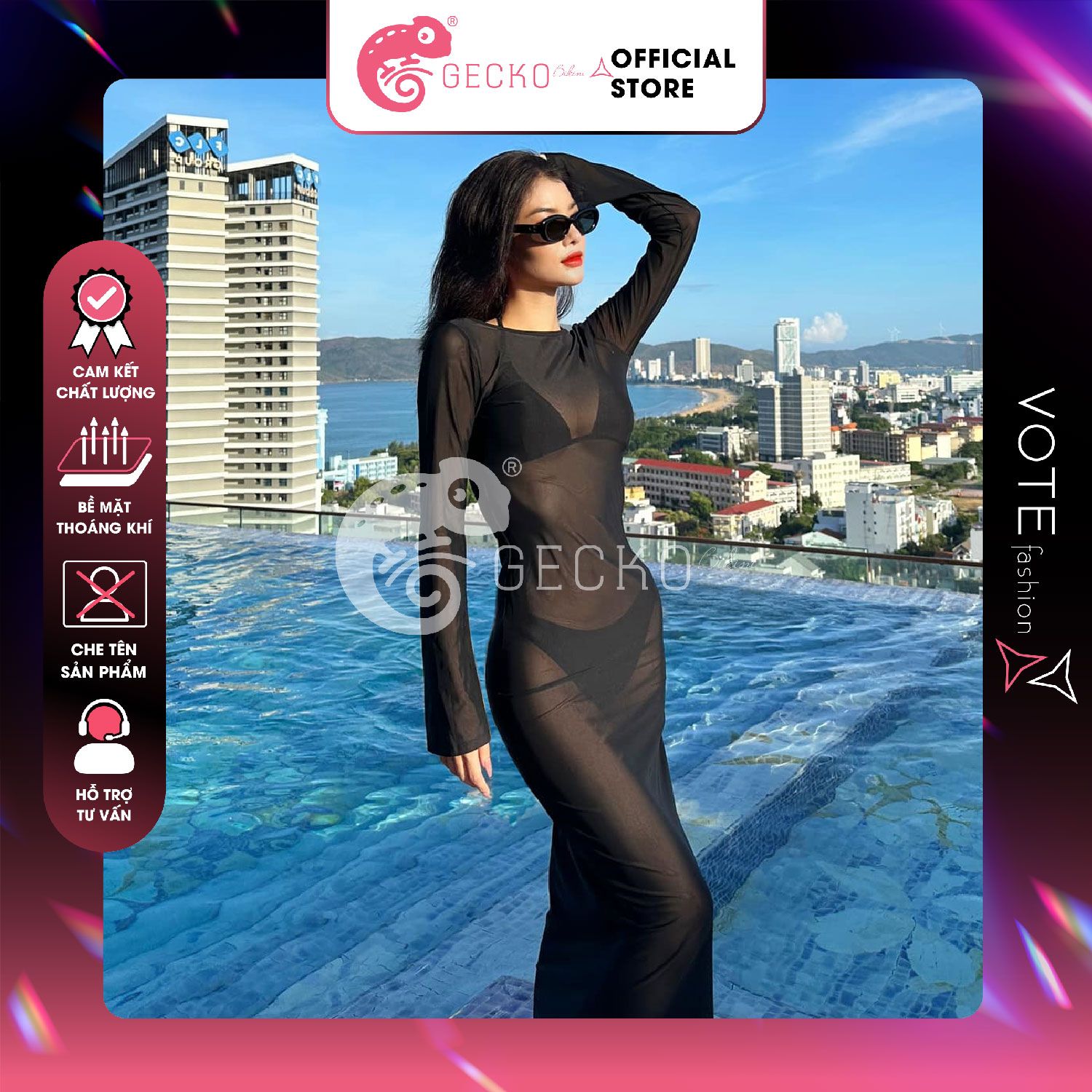  Áo Lưới Body Dáng Dài Mặc Kèm Bikini Tay Loe Xuyên Thấu GECKO 3PK12 