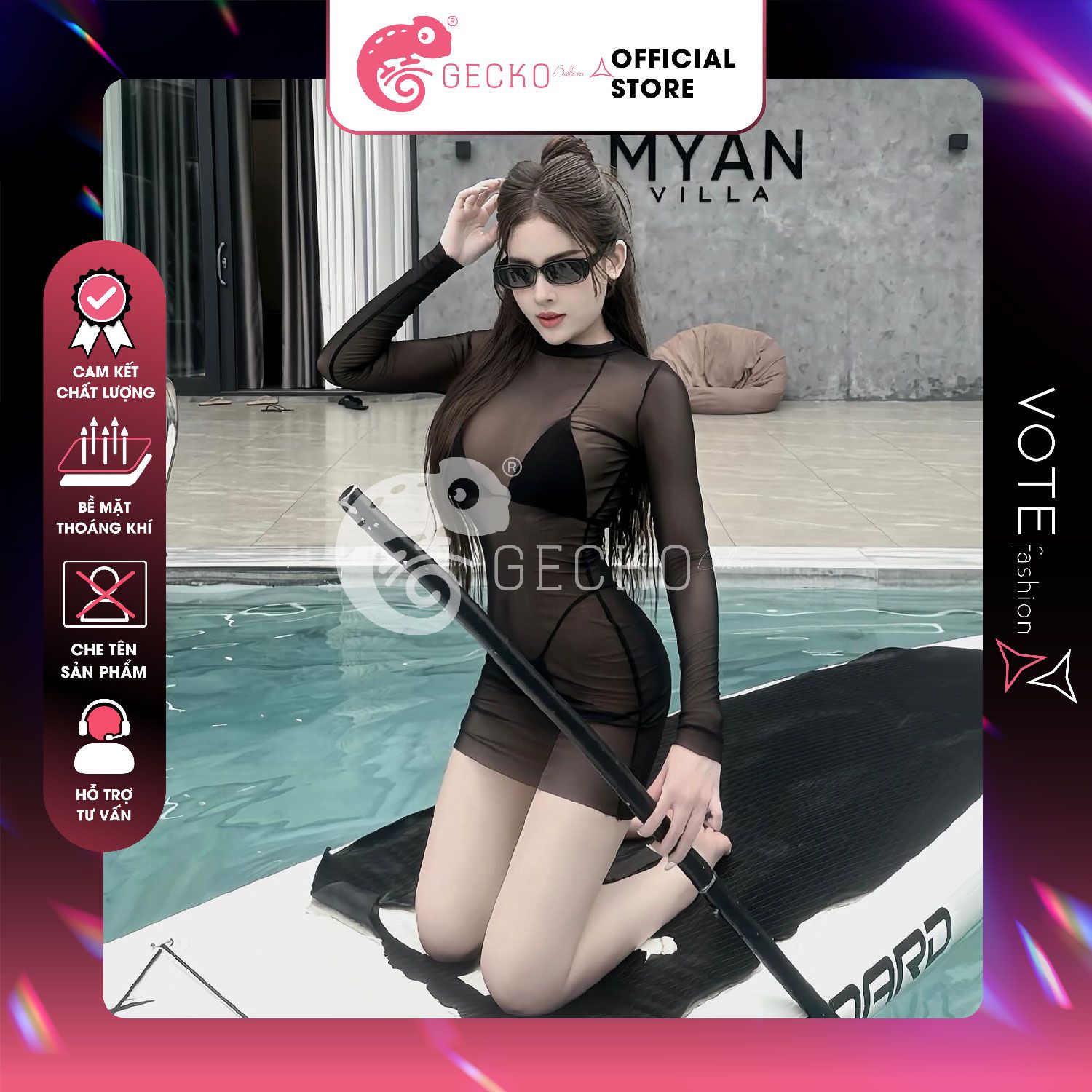  Áo Lưới Cổ Trụ Đi Biển Ôm Body Xuyên Thấu Mặc Kèm Bikini Dáng Ngắn GECKO 3PK11 