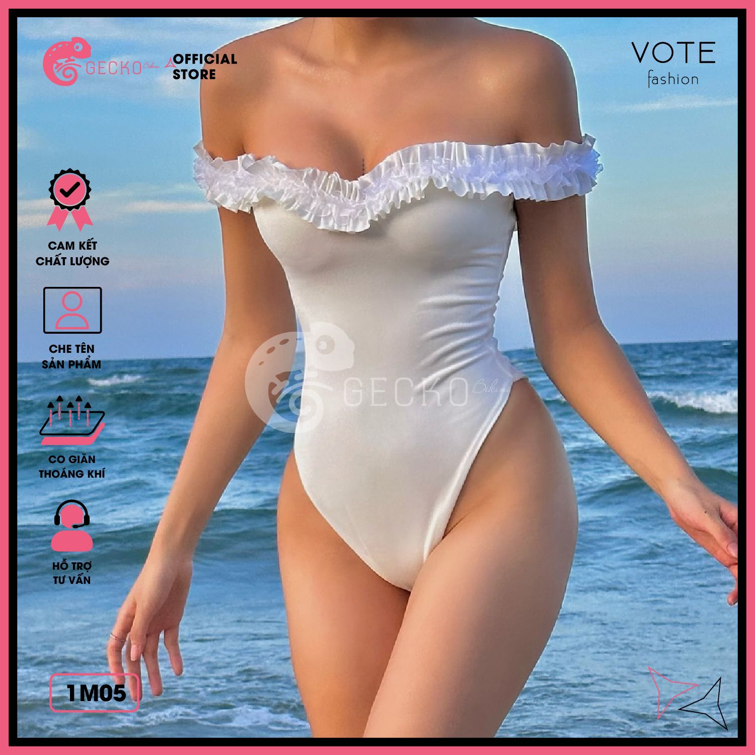  Bikini 1 Mảnh Bèo Trễ Vai Dễ Thương Quần Xẻ Cao GECKO 1M05 