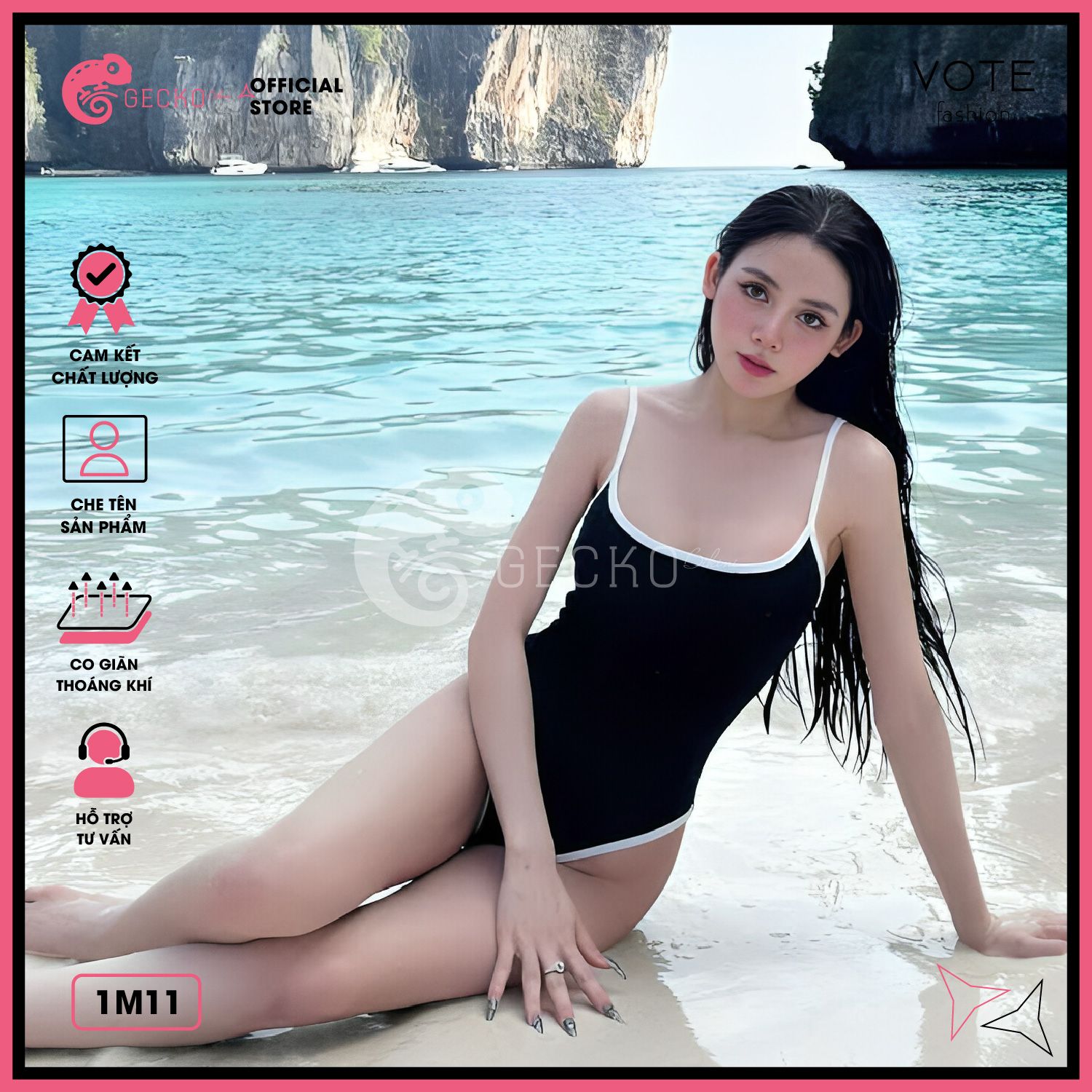  Bikini 1 Mảnh Bodysuit Viền 2 Dây Gợi Cảm GECKO 1M11 