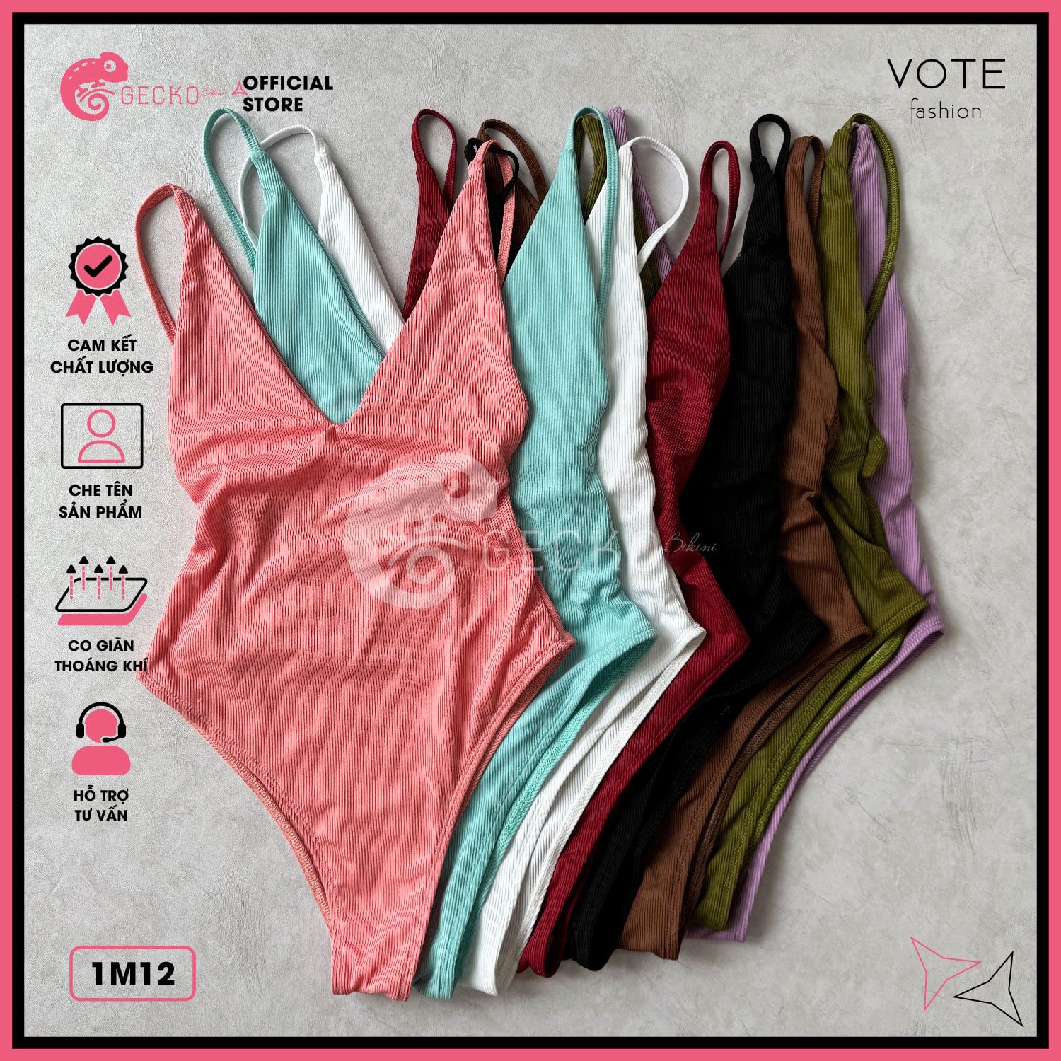  Bikini 1 Mảnh Bodysuit Thun Tăm Khoét Lưng Cổ V Xẻ Cao GECKO 1M12 