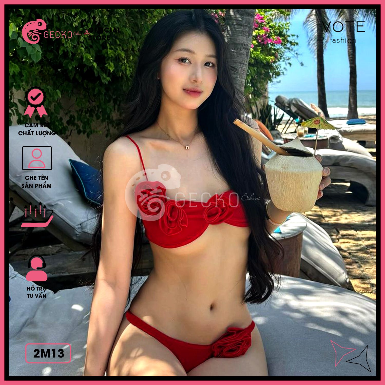  Bikini 2 Mảnh Hoa Hồng Quần Chip Dễ Thương GECKO 2M13 