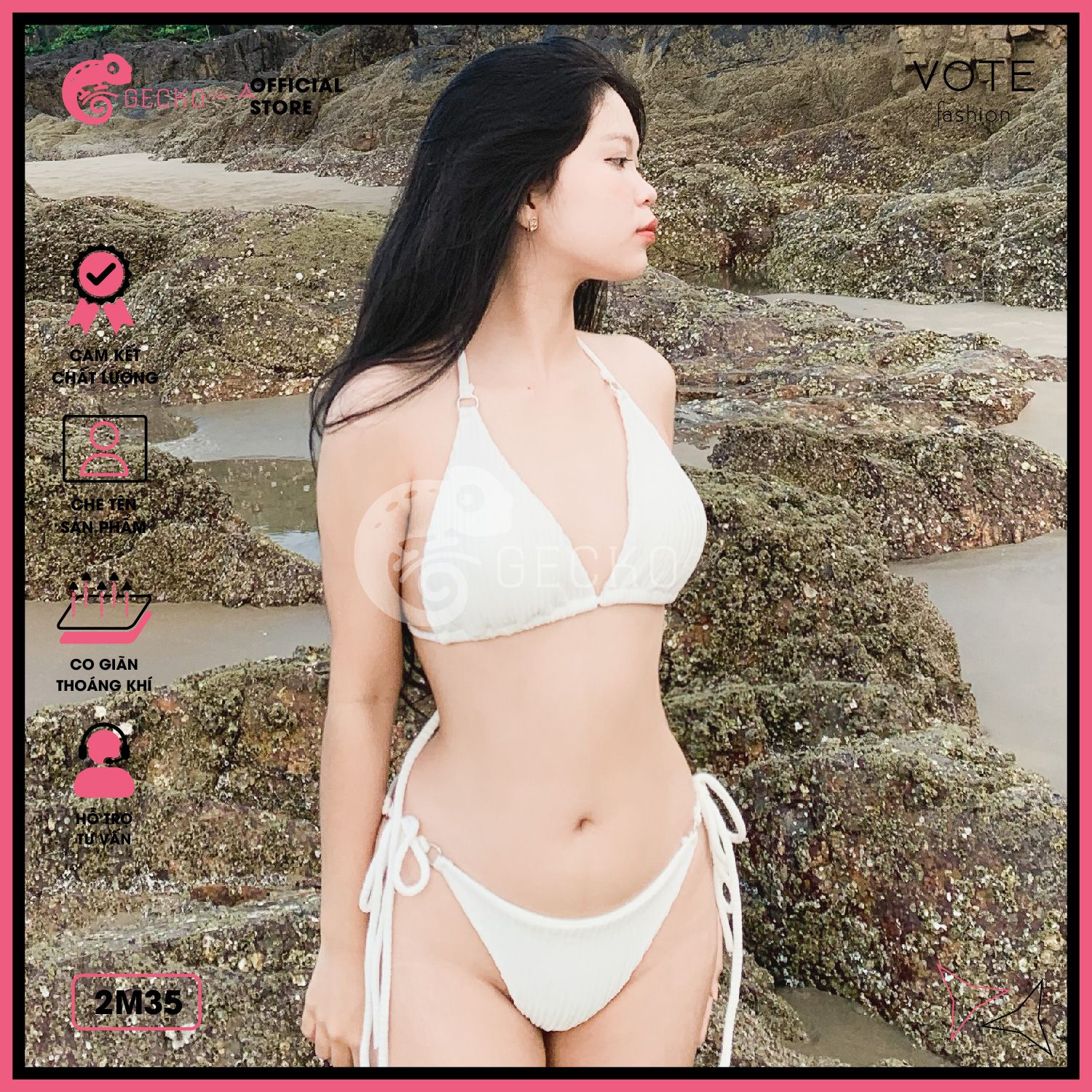  Bikini 2 Mảnh Tam Giác Thun Vằn Xốp Nhật Phối 6 Khoen GECKO 2M35 