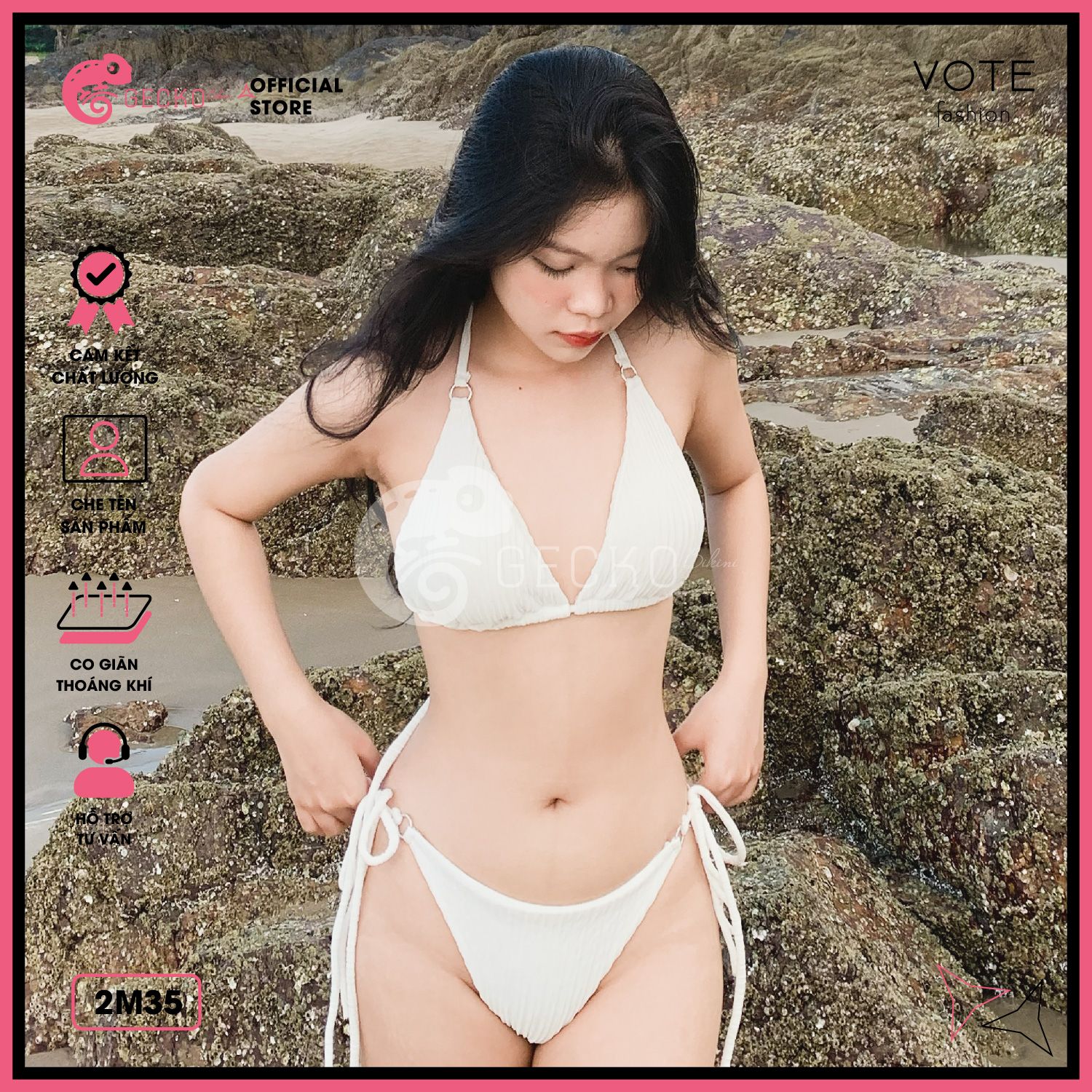  Bikini 2 Mảnh Tam Giác Thun Vằn Xốp Nhật Phối 6 Khoen GECKO 2M35 