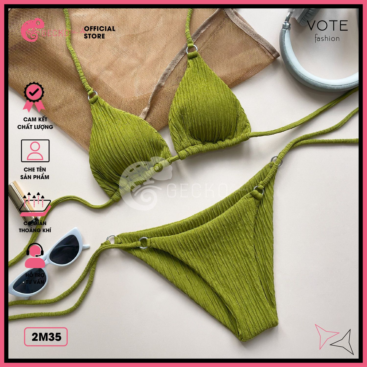  Bikini 2 Mảnh Tam Giác Thun Vằn Xốp Nhật Phối 6 Khoen GECKO 2M35 