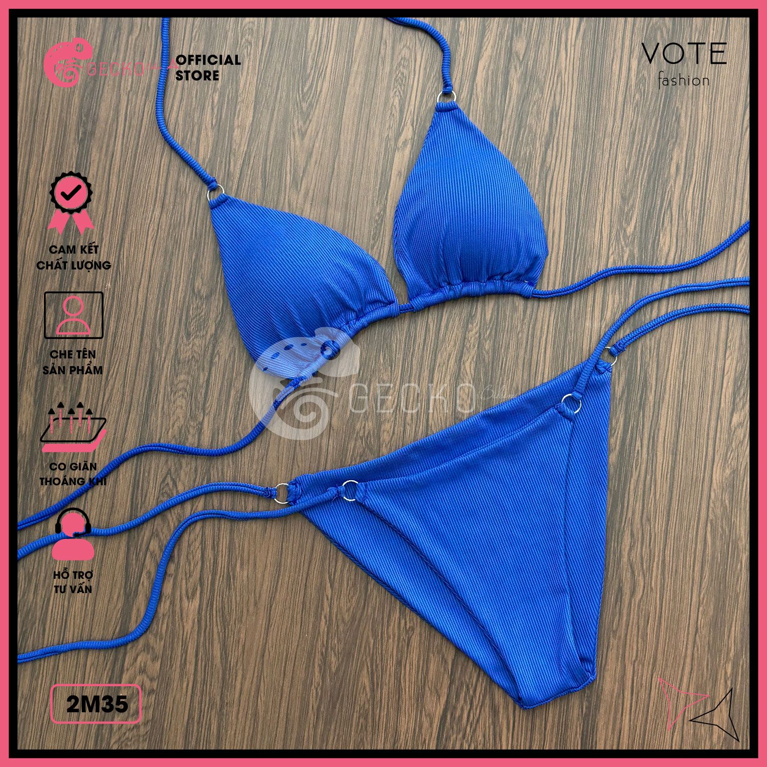  Bikini 2 Mảnh Tam Giác Thun Vằn Xốp Nhật Phối 6 Khoen GECKO 2M35 