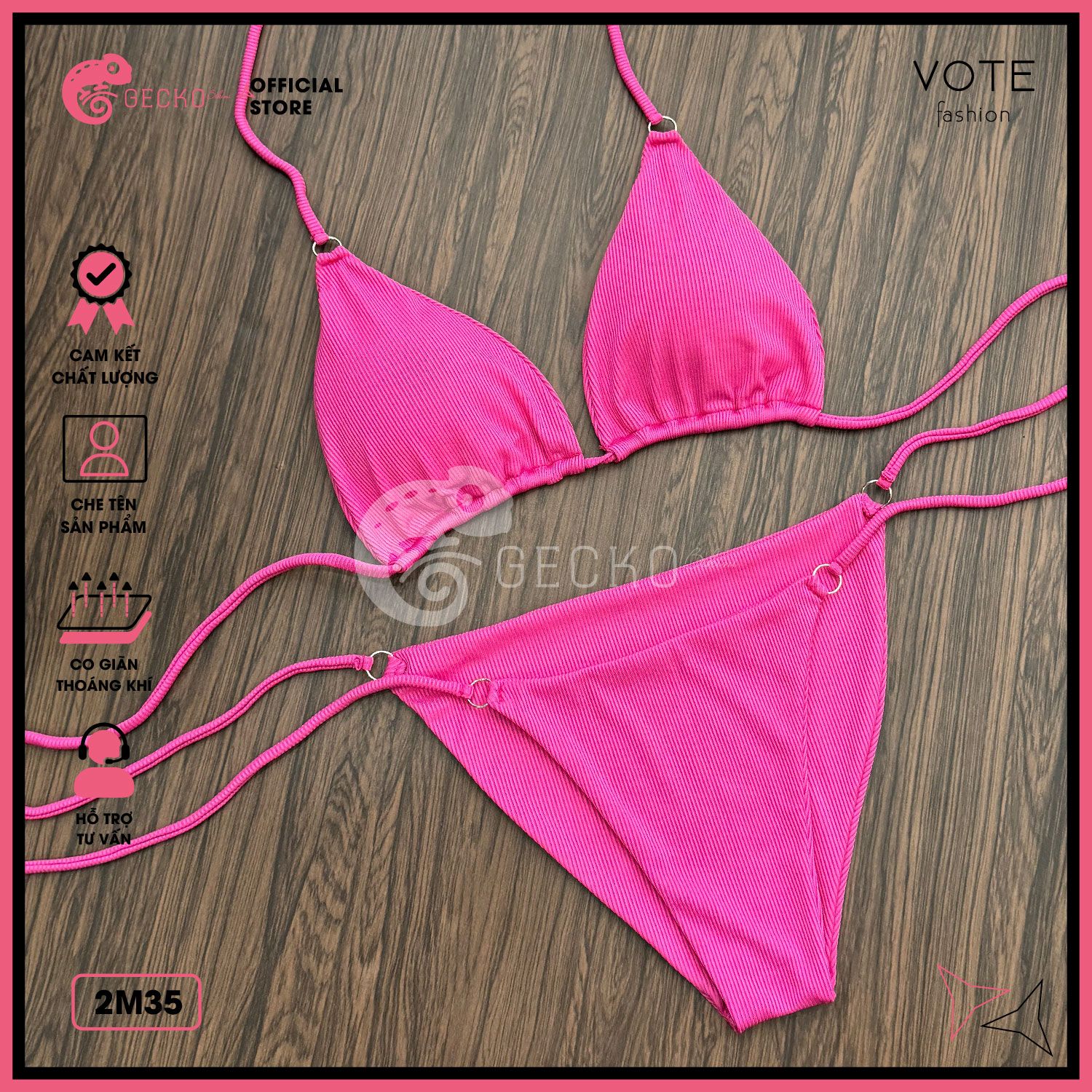  Bikini 2 Mảnh Tam Giác Thun Vằn Xốp Nhật Phối 6 Khoen GECKO 2M35 