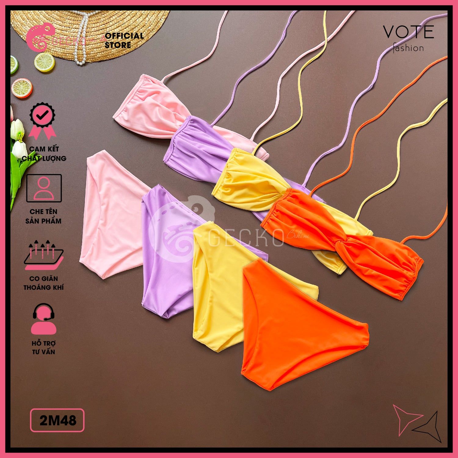  Bikini 2 Mảnh Áo Xoắn Ngực Phối Quần Chip Trơn GECKO 2M48 