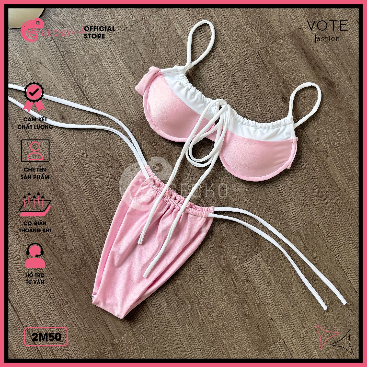  Bikini 2 Mảnh Gọng Áo Phối Line Trắng Rút Dây Vintage GECKO 2M50 