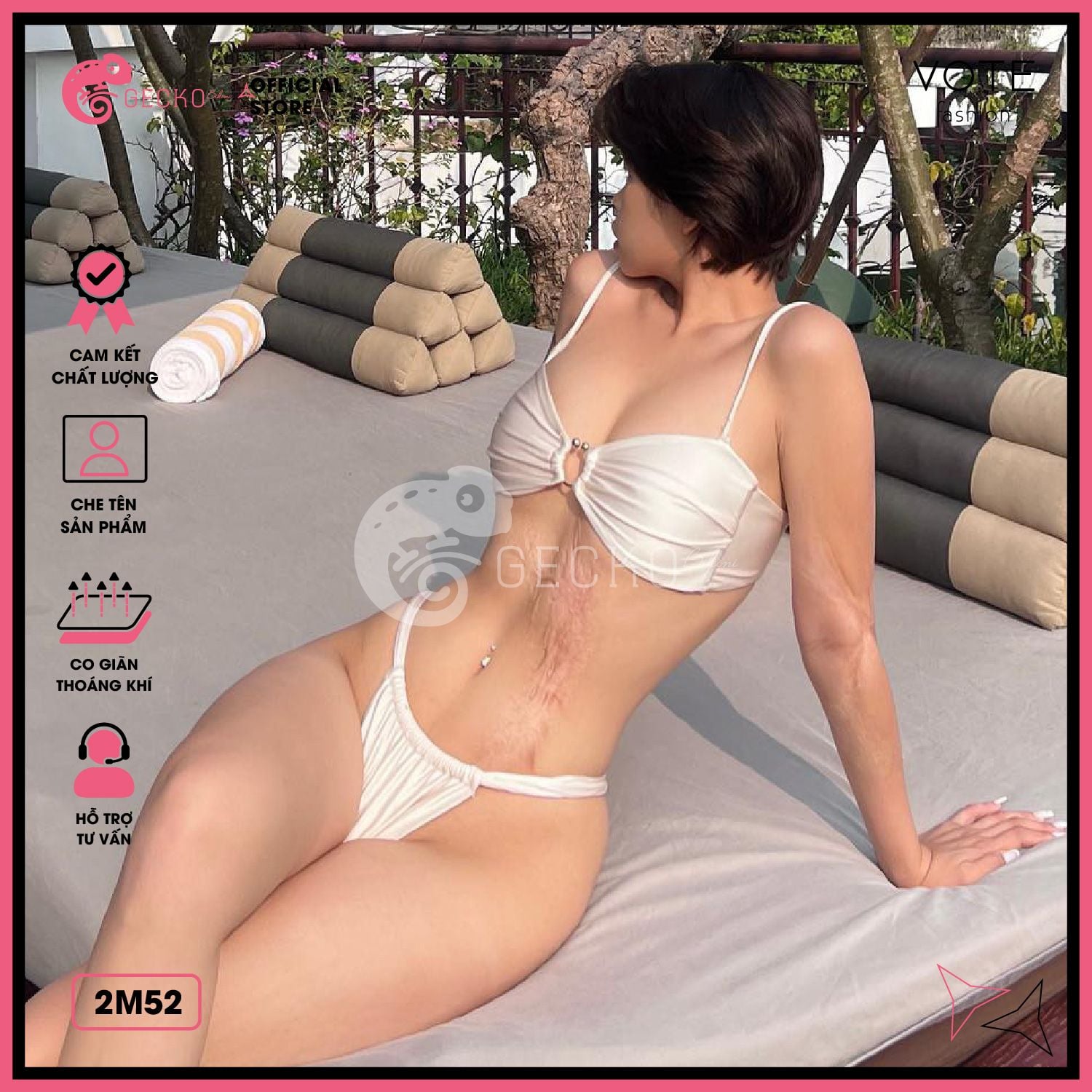  Bikini 2 Mảnh Áo Phối Khoen Trắng Đen Quần Lotkhe GECKO 2M52 