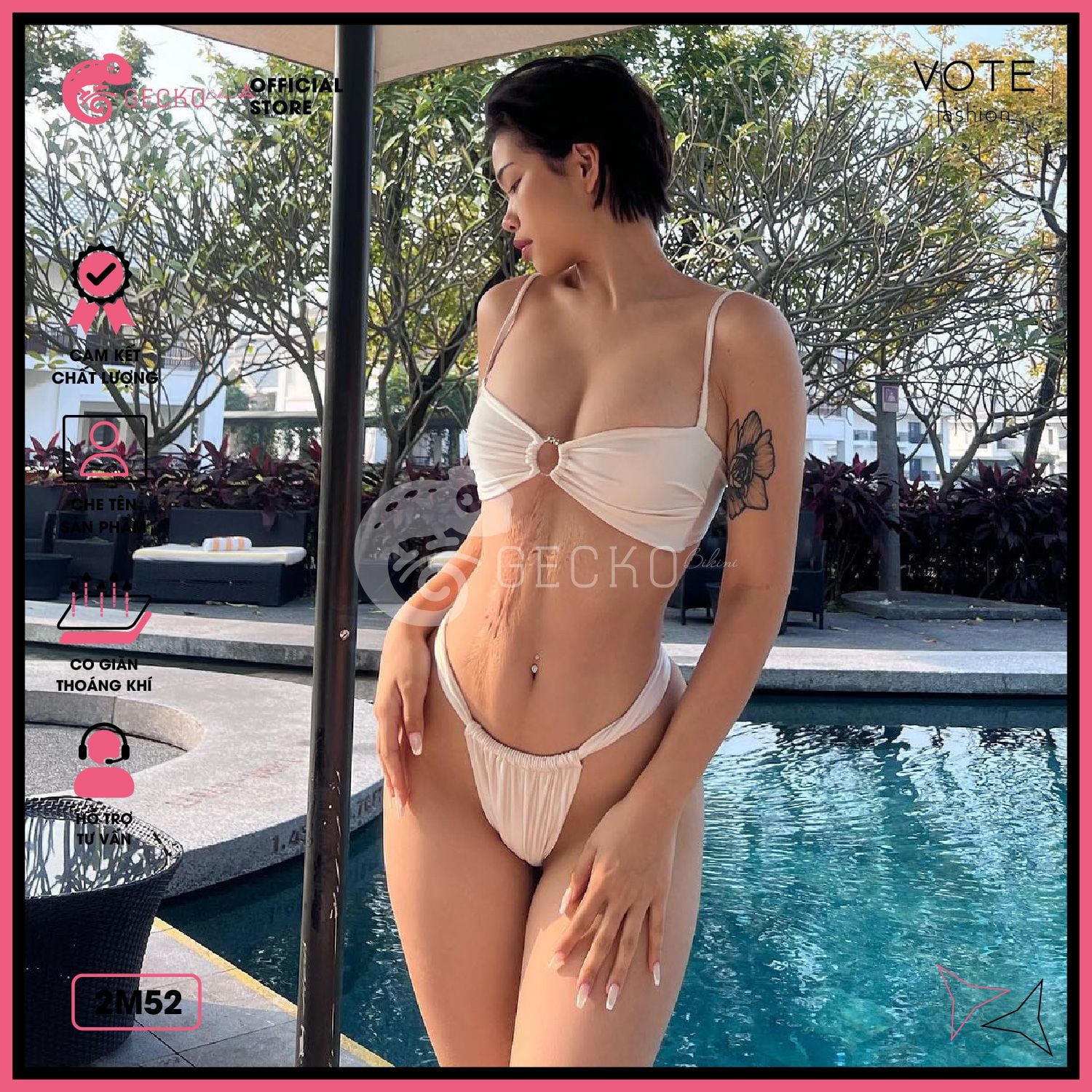  Bikini 2 Mảnh Áo Phối Khoen Trắng Đen Quần Lotkhe GECKO 2M52 