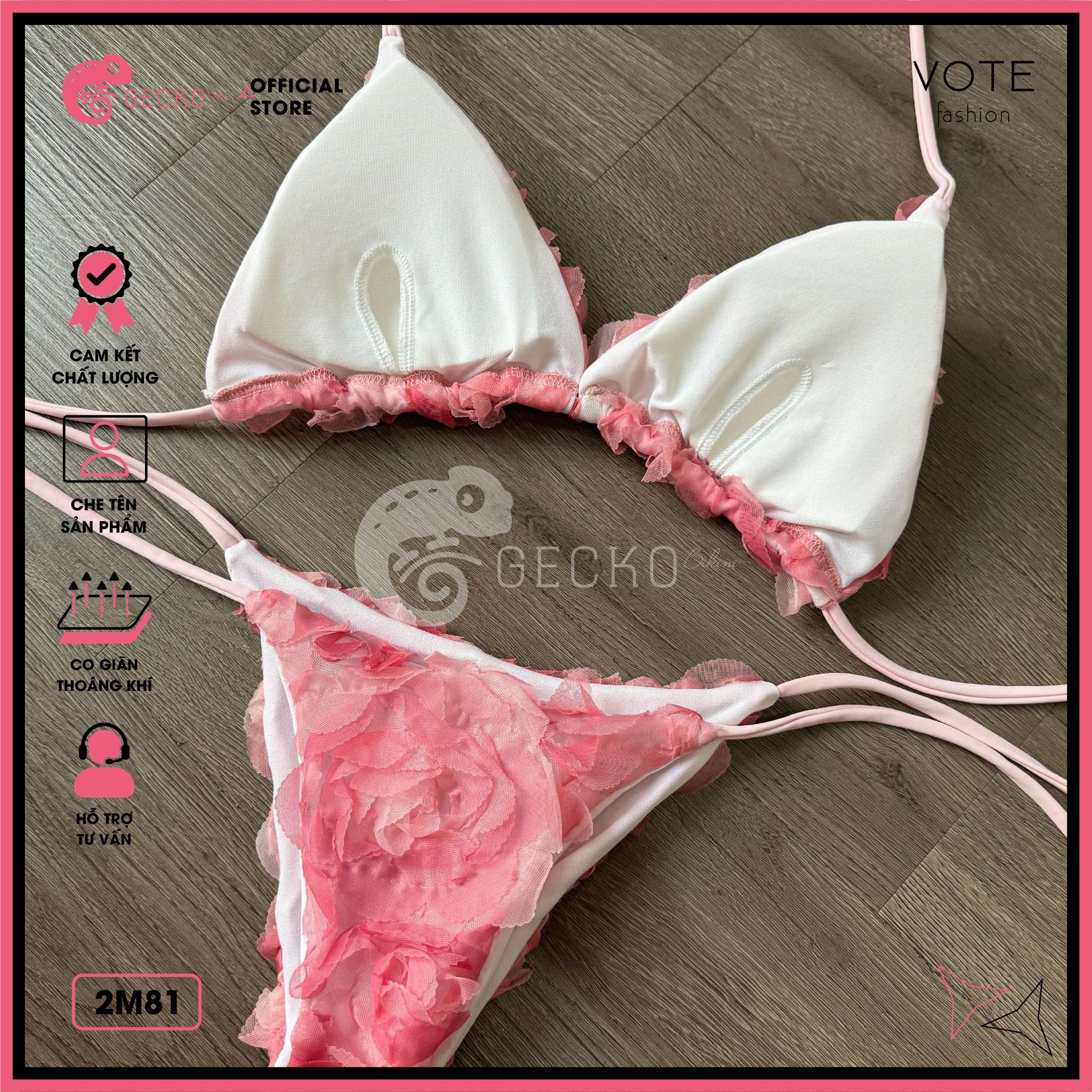  Bikini 2 Mảnh Tam Giác Hoạ Tiết 3D Hoa Hồng GECKO 2M81 