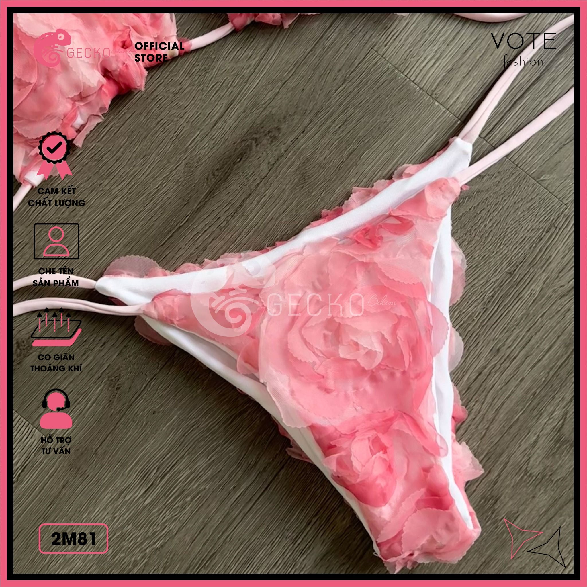  Bikini 2 Mảnh Tam Giác Hoạ Tiết 3D Hoa Hồng GECKO 2M81 