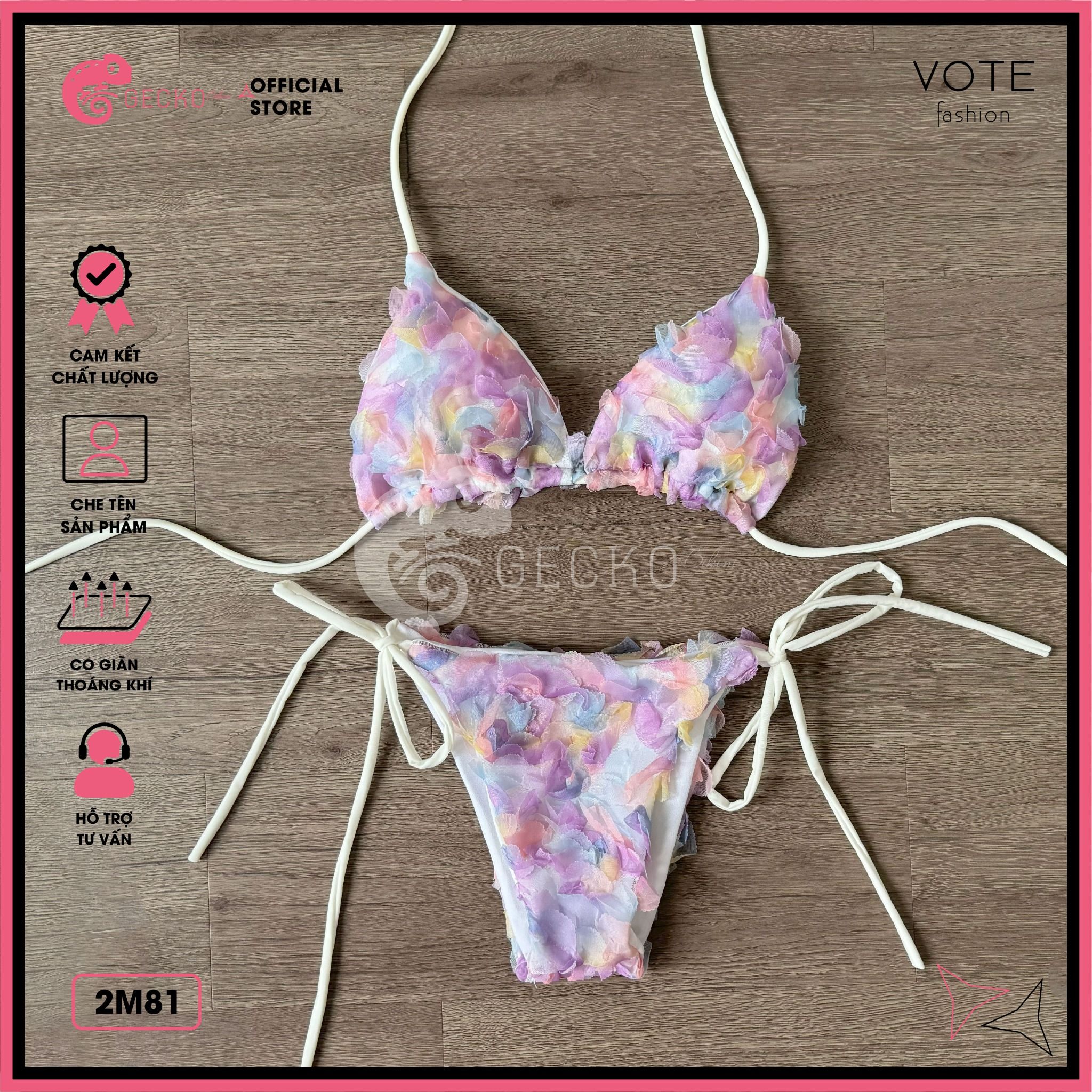  Bikini 2 Mảnh Tam Giác Hoạ Tiết 3D Hoa Hồng GECKO 2M81 