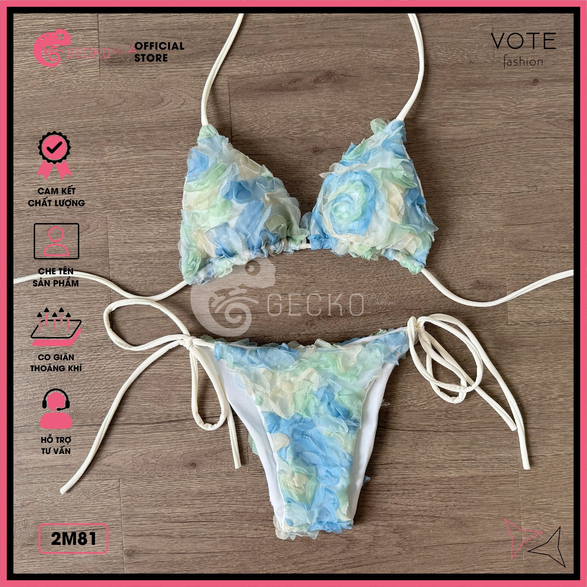  Bikini 2 Mảnh Tam Giác Hoạ Tiết 3D Hoa Hồng GECKO 2M81 