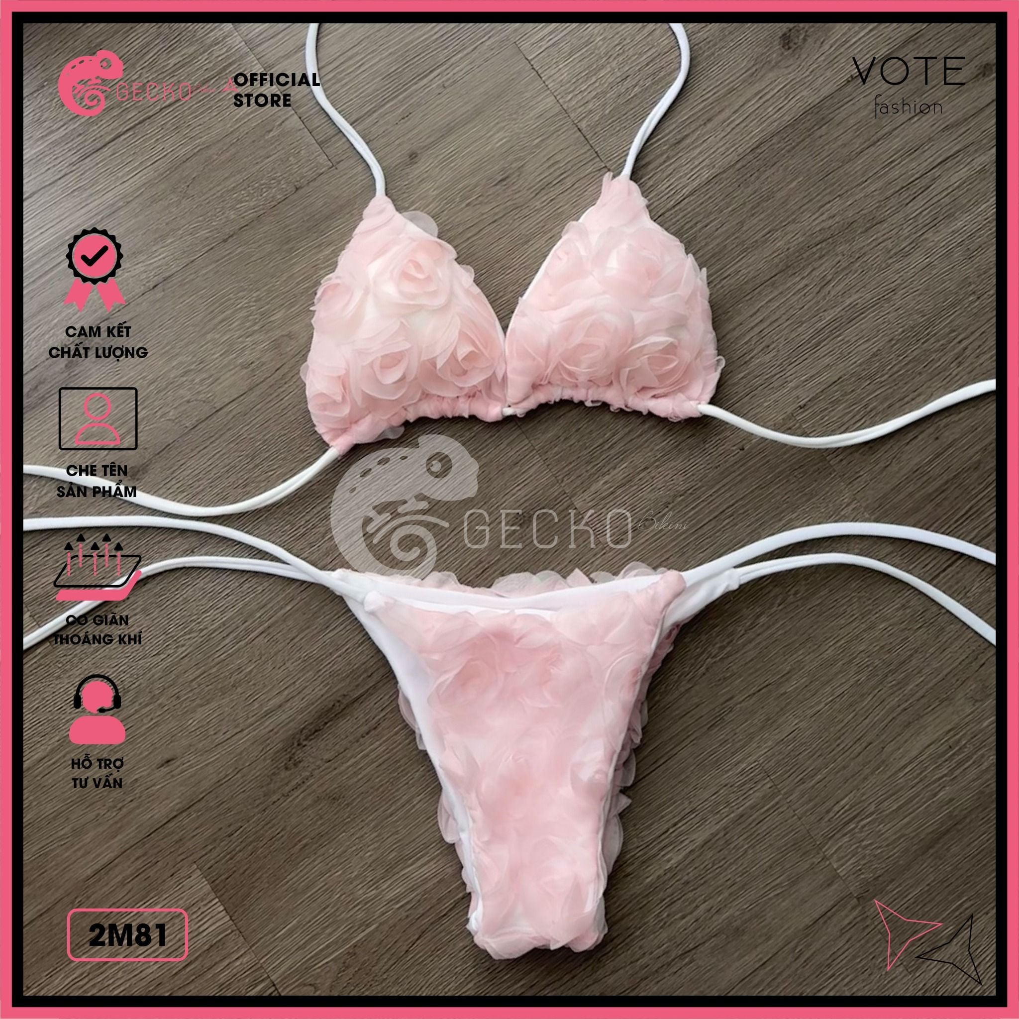  Bikini 2 Mảnh Tam Giác Hoạ Tiết 3D Hoa Hồng GECKO 2M81 