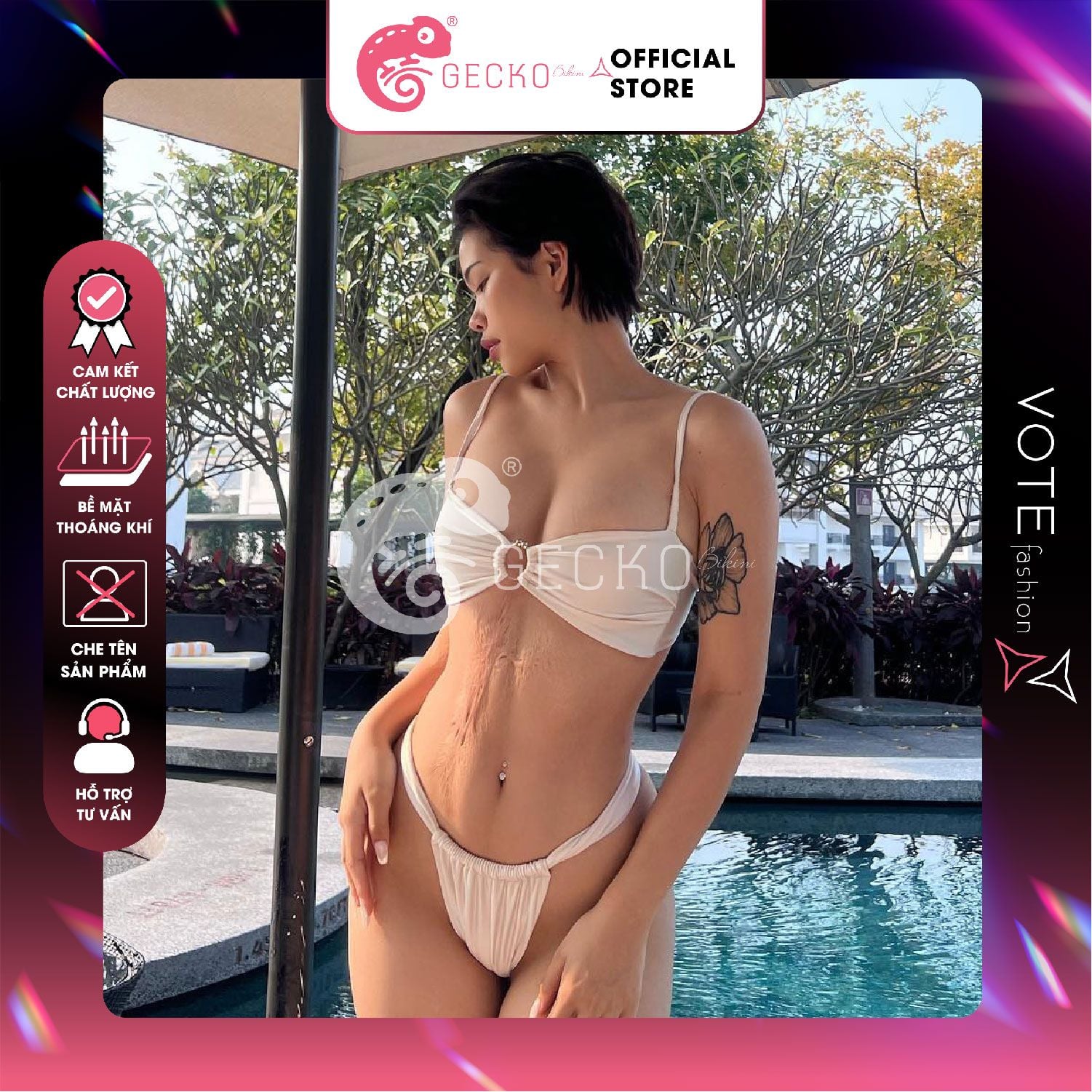  Bikini 2 Mảnh Áo Phối Khoen Trắng Đen Quần Lotkhe GECKO 2M52 