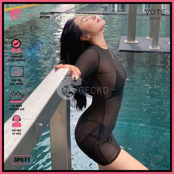  Áo Lưới Cổ Trụ Đi Biển Ôm Body Xuyên Thấu Mặc Kèm Bikini Dáng Ngắn GECKO 3PK11 