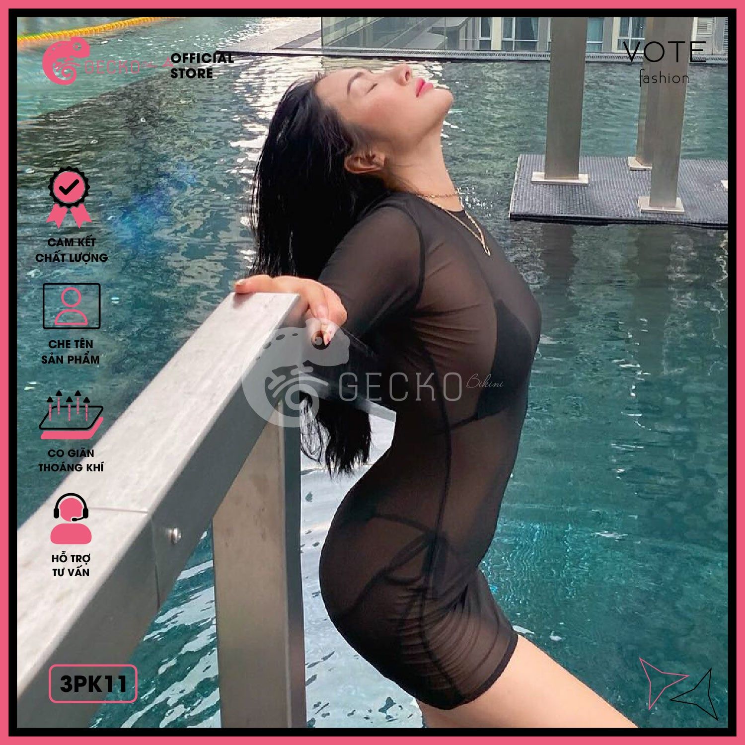  Áo Lưới Cổ Trụ Đi Biển Ôm Body Xuyên Thấu Mặc Kèm Bikini Dáng Ngắn GECKO 3PK11 