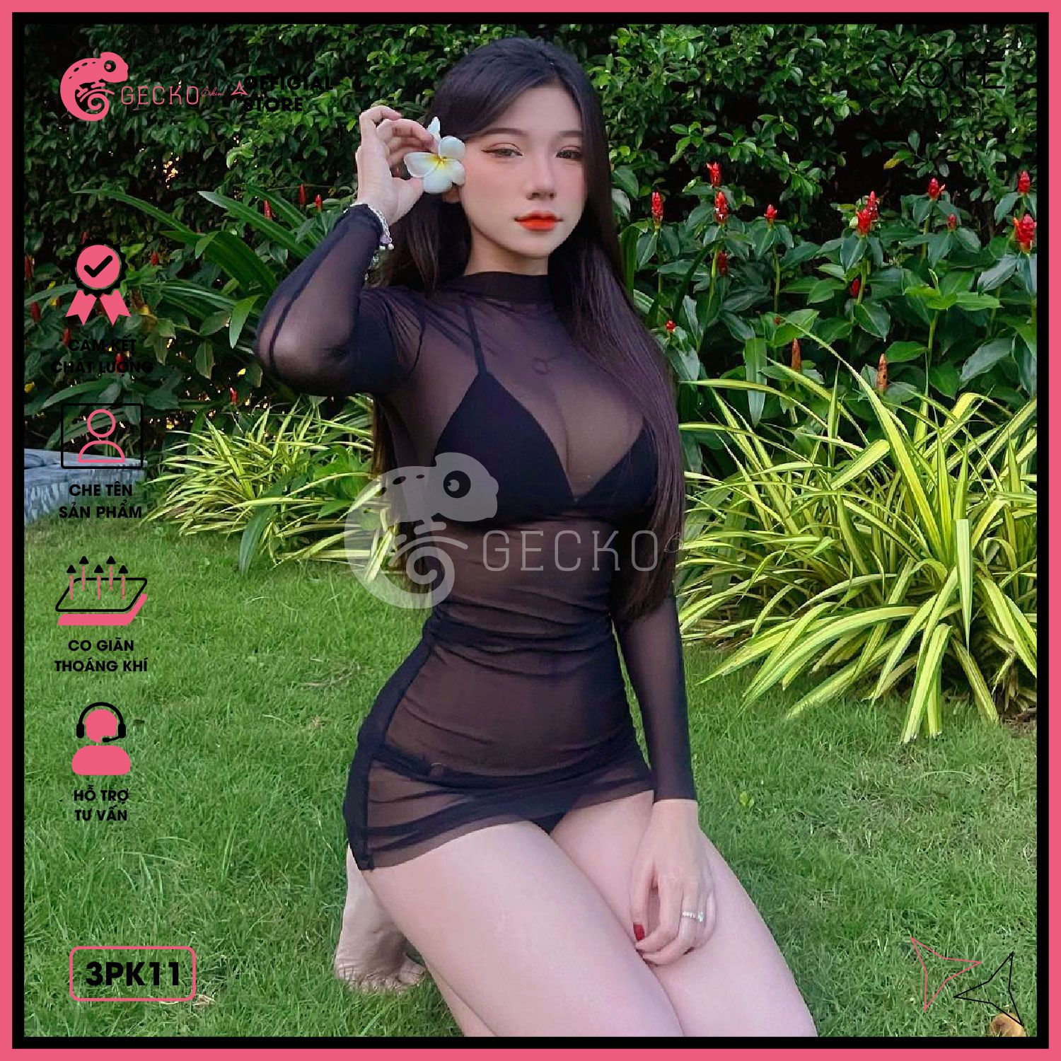  Áo Lưới Cổ Trụ Đi Biển Ôm Body Xuyên Thấu Mặc Kèm Bikini Dáng Ngắn GECKO 3PK11 