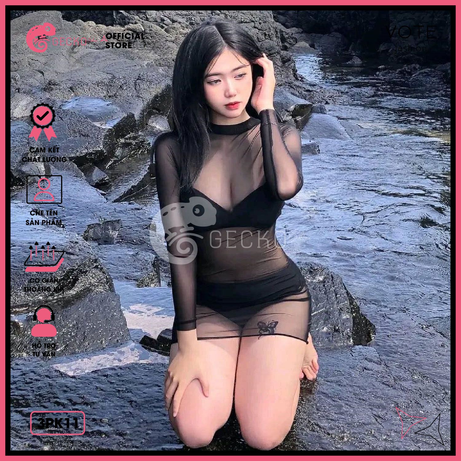  Áo Lưới Cổ Trụ Đi Biển Ôm Body Xuyên Thấu Mặc Kèm Bikini Dáng Ngắn GECKO 3PK11 