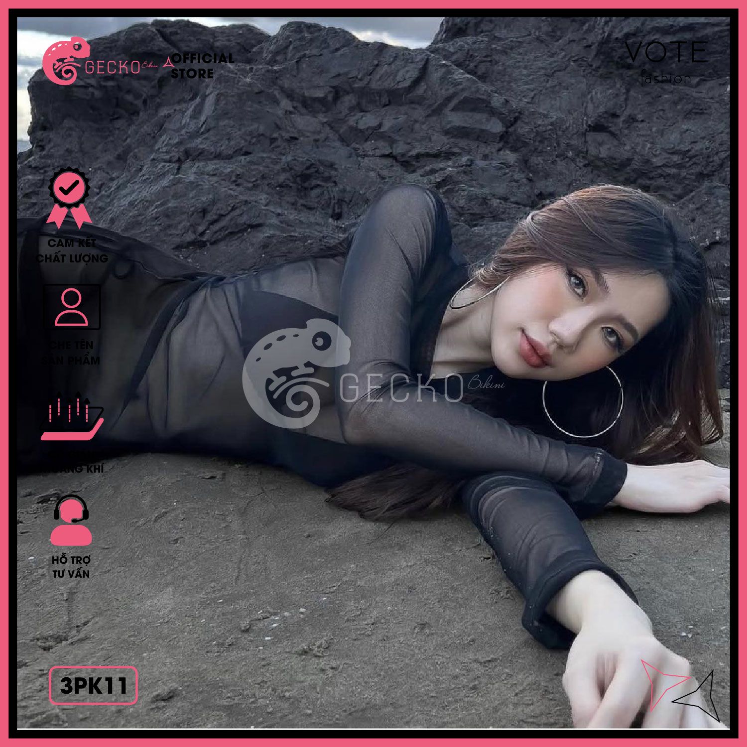  Áo Lưới Cổ Trụ Đi Biển Ôm Body Xuyên Thấu Mặc Kèm Bikini Dáng Ngắn GECKO 3PK11 