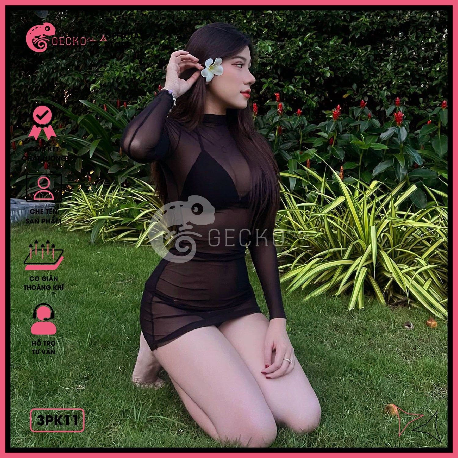  Áo Lưới Cổ Trụ Đi Biển Ôm Body Xuyên Thấu Mặc Kèm Bikini Dáng Ngắn GECKO 3PK11 