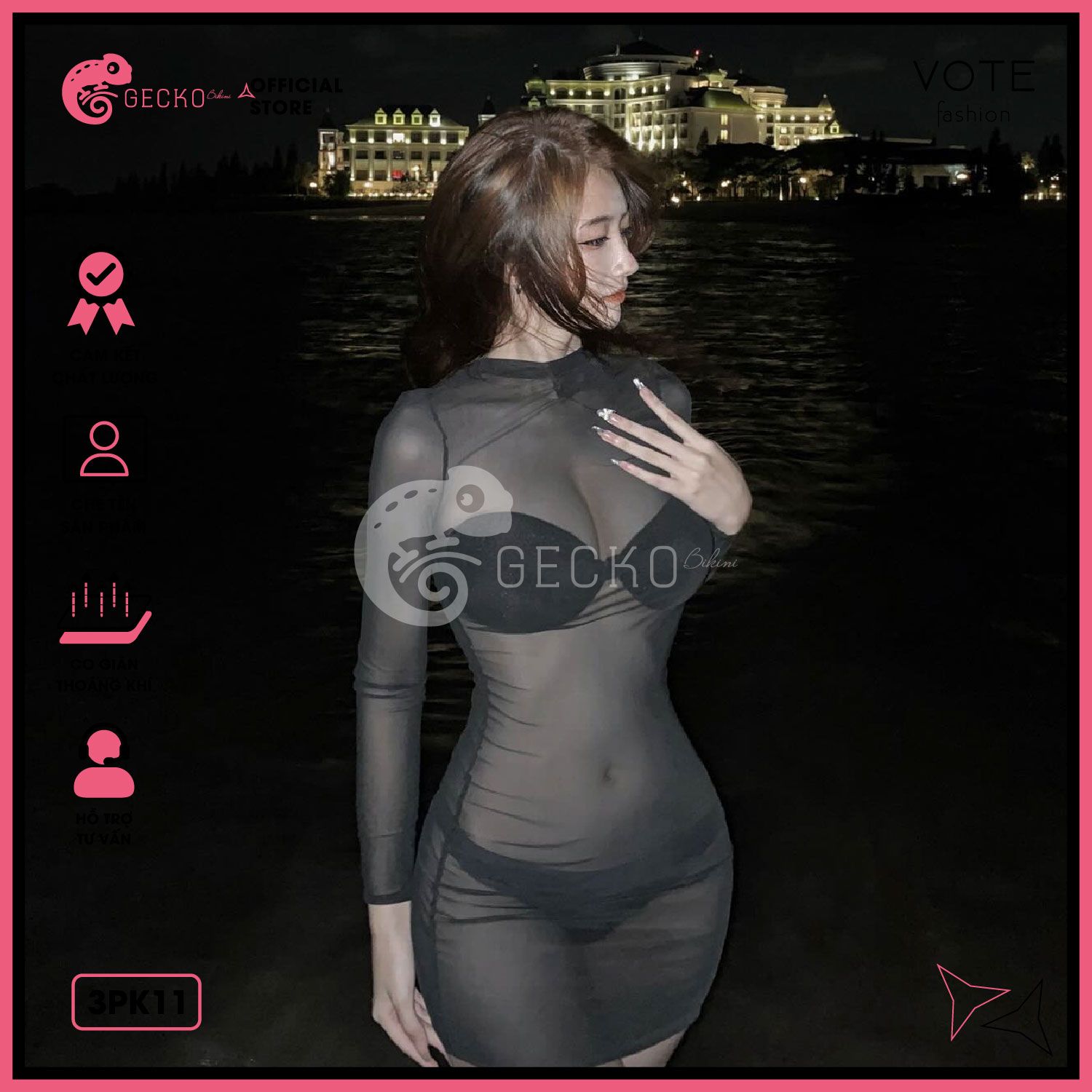  Áo Lưới Cổ Trụ Đi Biển Ôm Body Xuyên Thấu Mặc Kèm Bikini Dáng Ngắn GECKO 3PK11 