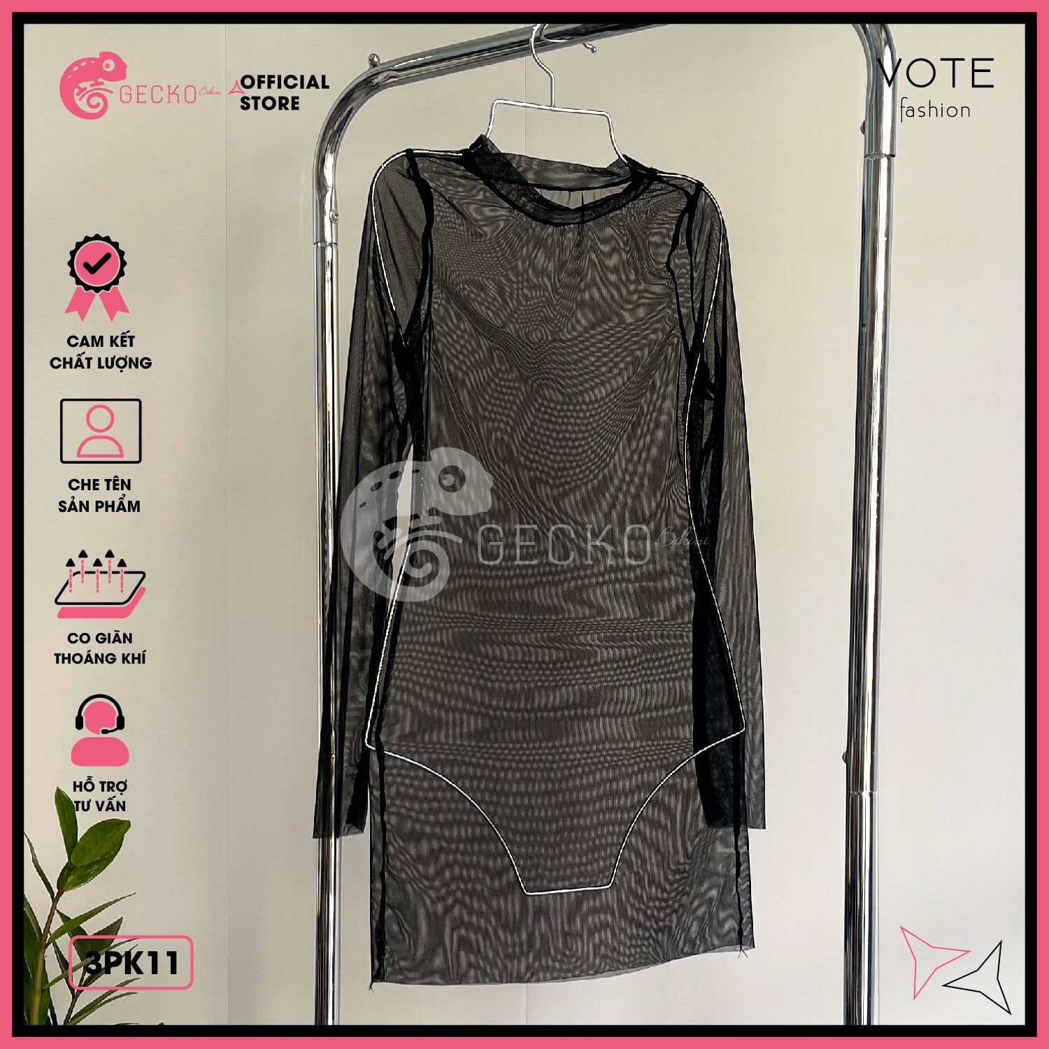  Áo Lưới Cổ Trụ Đi Biển Ôm Body Xuyên Thấu Mặc Kèm Bikini Dáng Ngắn GECKO 3PK11 