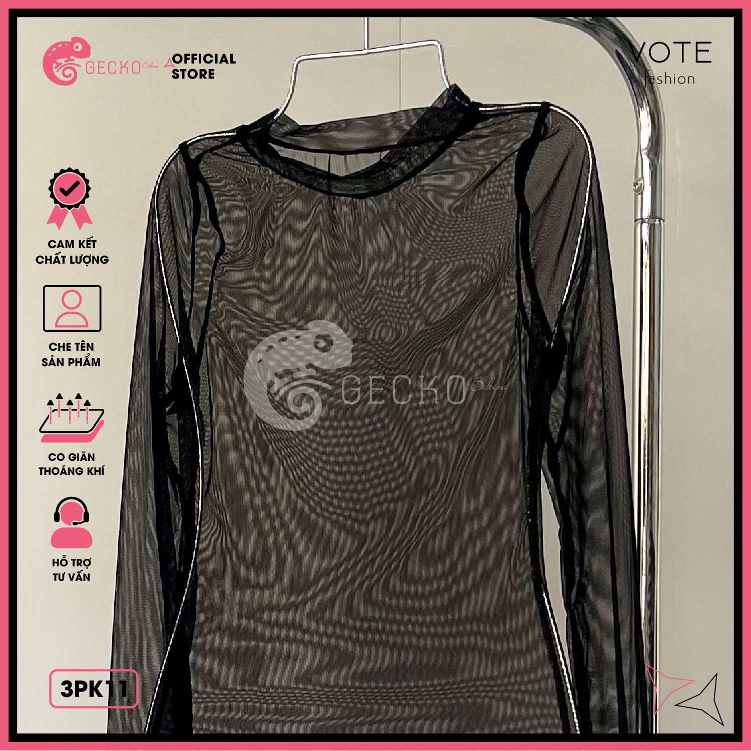  Áo Lưới Cổ Trụ Đi Biển Ôm Body Xuyên Thấu Mặc Kèm Bikini Dáng Ngắn GECKO 3PK11 