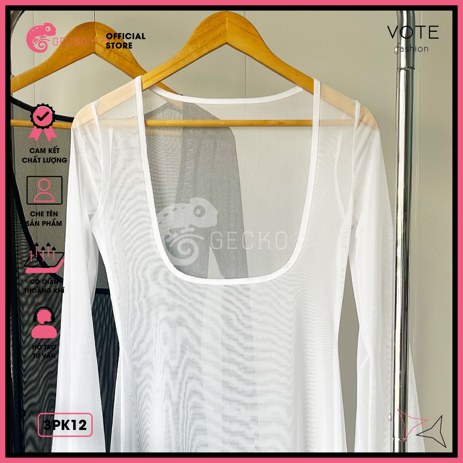  Áo Lưới Body Dáng Dài Mặc Kèm Bikini Tay Loe Xuyên Thấu GECKO 3PK12 